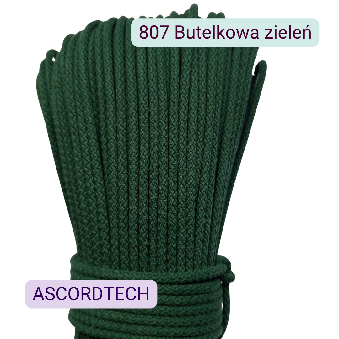 Butelkowa zieleń sznurek bawełniany 5 mm do szycia torebek 100 m – kolor 807