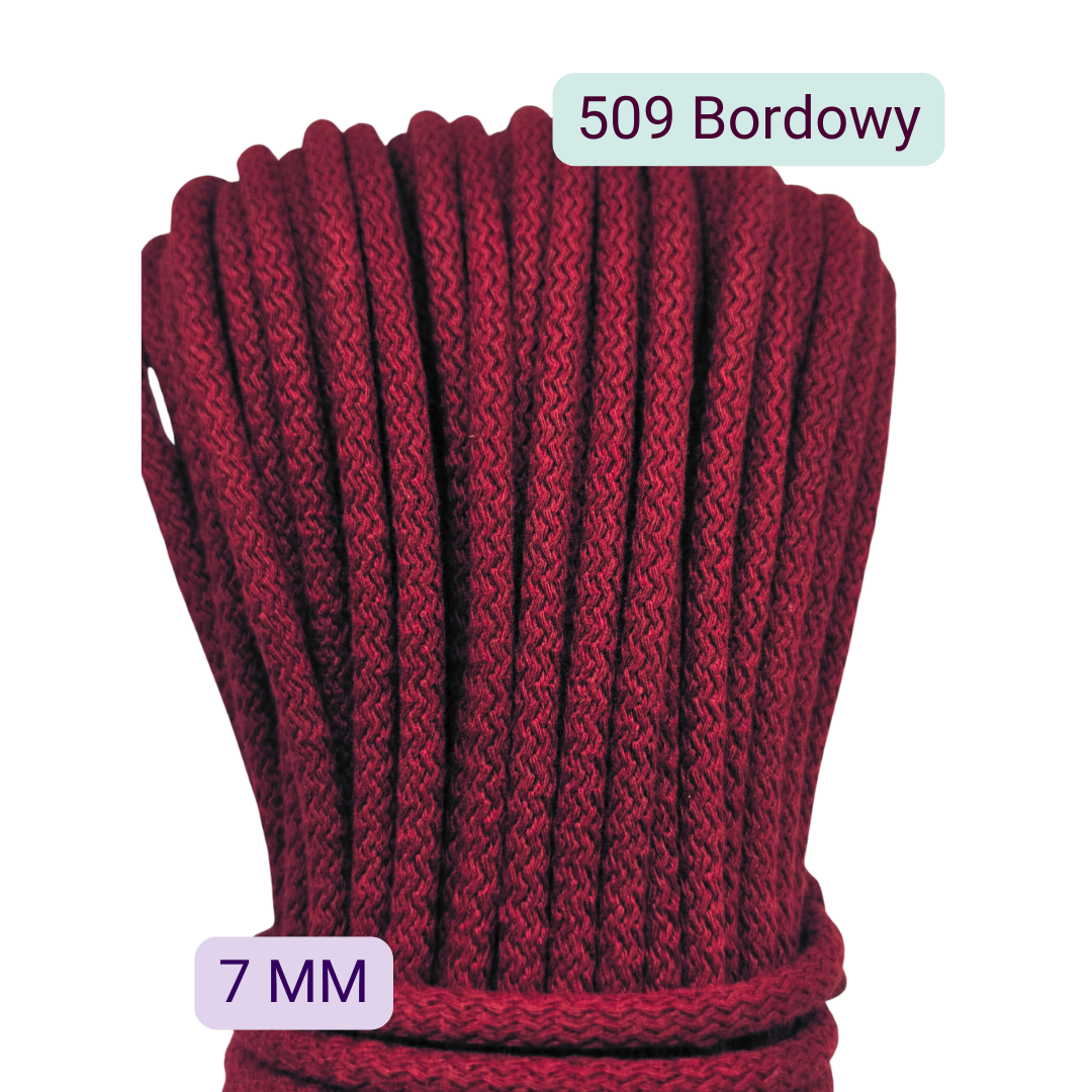 Sznurek do szycia na maszynie 7 mm w kolorze 509 Bordowy, motek 50 m