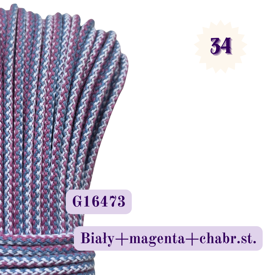 Sznurek do szycia 5 mm – Melanż G – Biały + magenta + chabrowy stonowany | G16473