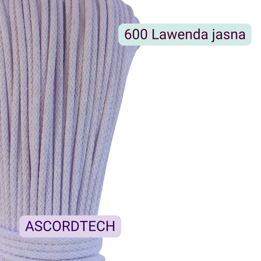 Jasny fioletowy sznurek bawełniany 5 mm Lawenda 600 – 50 m do szycia
