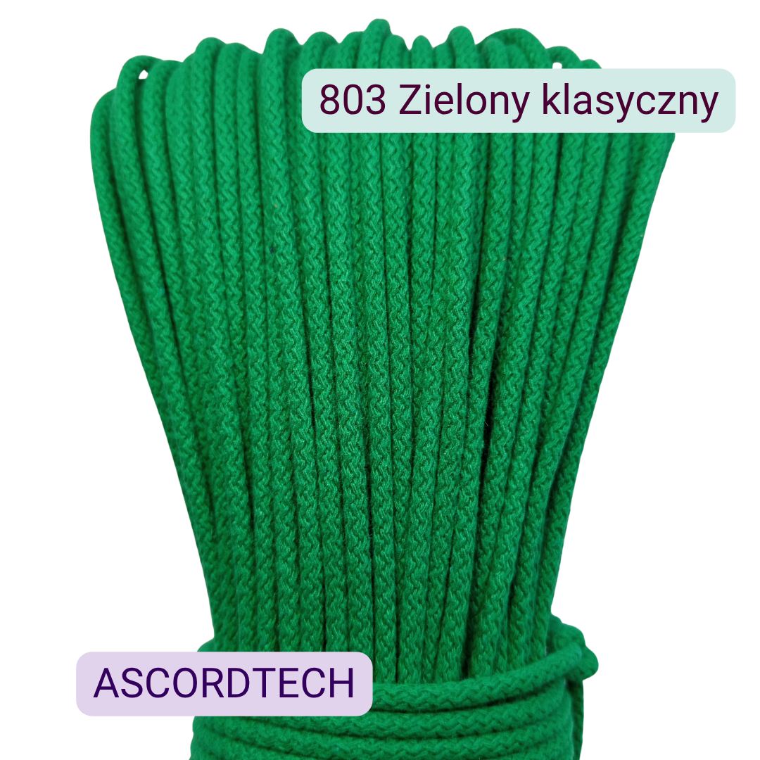 Zielony klasyczny sznurek bawełniany 5 mm do szycia torebek – kolor 803