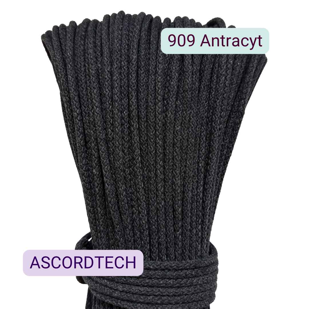 Antracyt 909 – ciemnoszary sznurek bawełniany 5 mm do szycia torebek