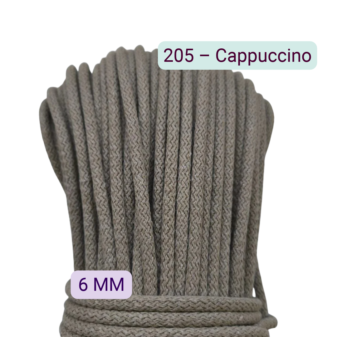 Sznurek z bawełnianym oplotem 6 mm w kolorze 205 Cappuccino do szycia torebek i koszyków