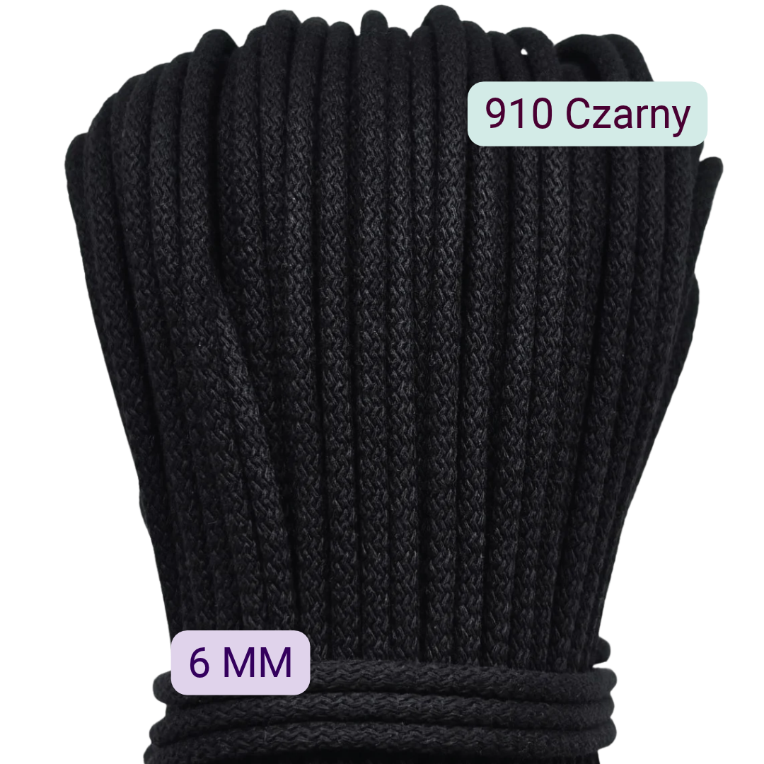 Czarny sznurek bawełniany 6 mm do szycia torebek i koszyków – kolor 910