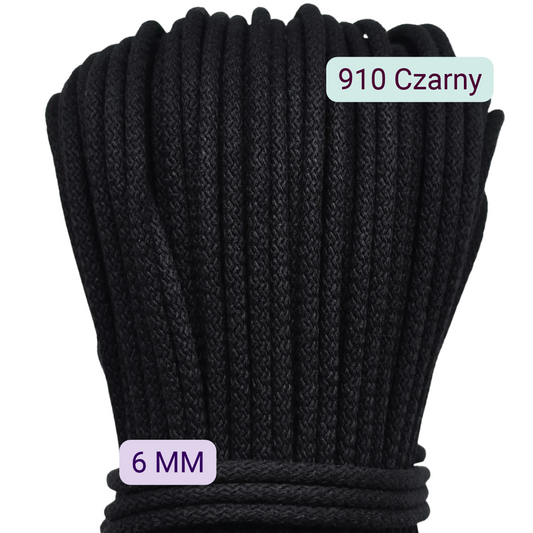 Czarny sznurek bawełniany 6 mm do szycia torebek i koszyków – kolor 910
